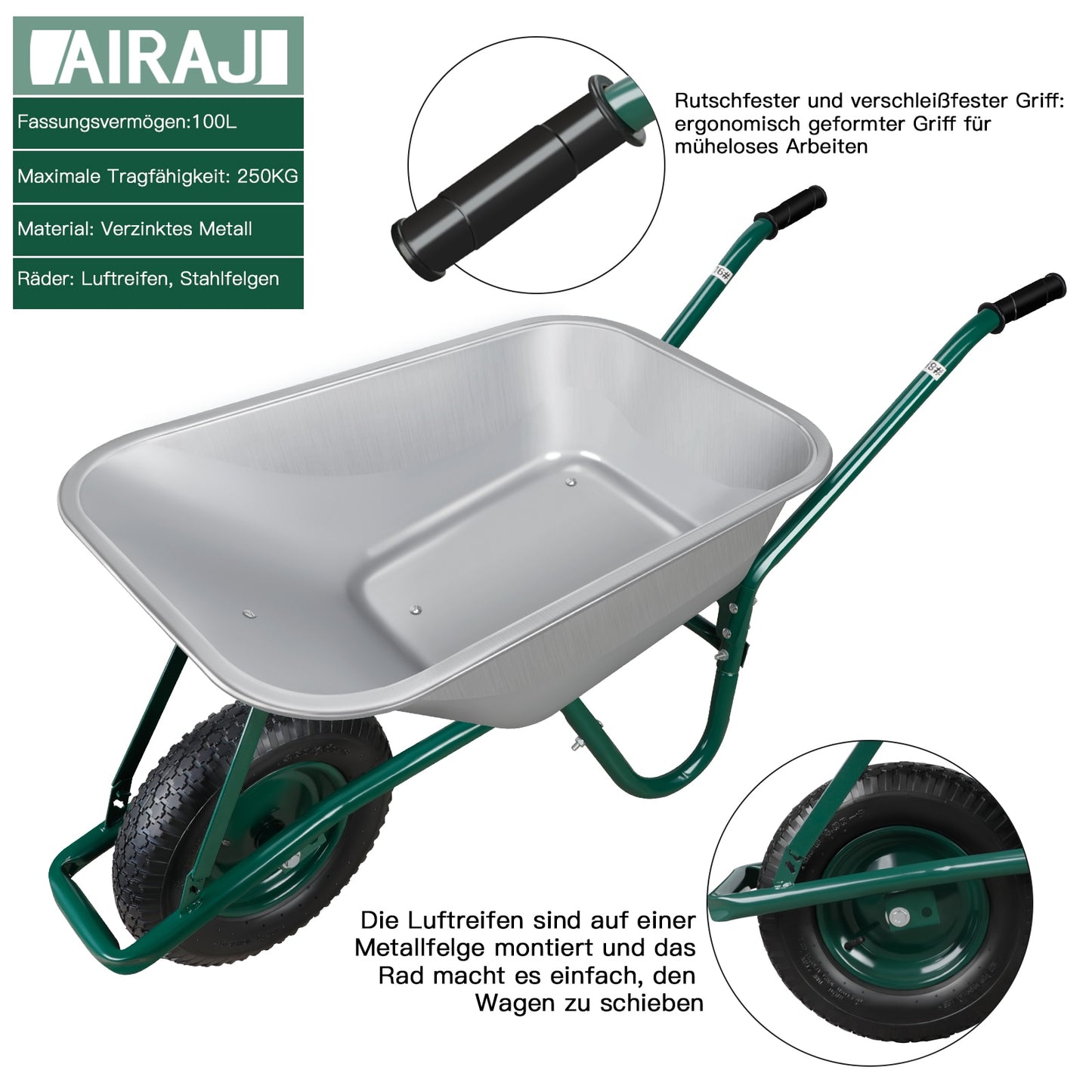 AIRAJ Wheelbarrow Garden Transport Tool Professional Heavy-duty Trolley Cart